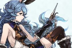 Rule 34 | 10s, 1girl, animal ears, aqua hair, bare shoulders, blue background, boots, breasts, detached sleeves, erune, ferry (granblue fantasy), granblue fantasy, hungry clicker, sideboob, skirt, solo, yellow eyes