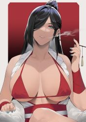 Rule 34 | 1girl, alios arvin, areola slip, bare shoulders, bikini, black hair, blue eyes, blue nails, bracer, breasts, cigarette, commentary, english commentary, hair bun, hair over one eye, halterneck, hand up, highres, holding, holding cigarette, holding smoking pipe, japanese clothes, kimono, large breasts, long hair, looking at viewer, nail polish, original, parted lips, red bikini, red sash, sash, simple background, single hair bun, smile, smoking, smoking pipe, solo, string bikini, swimsuit, upper body, white kimono