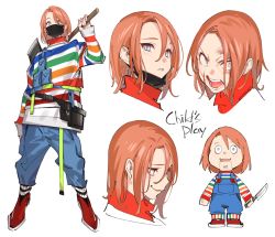 Rule 34 | 1boy, axe, bishounen, blood, blue eyes, character sheet, child&#039;s play, chucky, copyright name, doll, expressions, freckles, humanization, knife, male focus, mask, mouth mask, mullet, popqn, red footwear, shirt, simple background, striped clothes, striped shirt, surgical mask, tool belt, white background