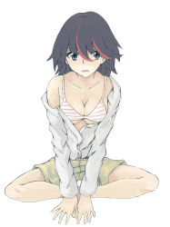 Rule 34 | 10s, 1girl, absurdres, bad id, bad pixiv id, barefoot, black hair, blue eyes, bra, breasts, butterfly sitting, casual, cleavage, collarbone, highres, hummingbird (artist), indian style, kill la kill, matoi ryuuko, multicolored hair, off shoulder, open clothes, open shirt, shirt, shorts, sitting, solo, streaked hair, striped bra, striped clothes, underboob, underwear