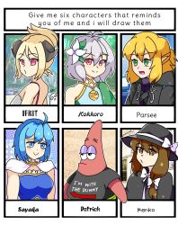 Rule 34 | 1boy, 5girls, ahoge, antenna hair, arknights, bare shoulders, bikini, black capelet, black headwear, black shirt, blonde hair, blue eyes, blue hair, bow, brown eyes, brown hair, cape, capelet, commentary, english commentary, fedora, flower, green eyes, grey hair, hair bow, hair flower, hair ornament, hat, hat bow, highres, horns, ifrit (arknights), ifrit (sunburn) (arknights), kokkoro (princess connect!), looking at viewer, mahou shoujo madoka magica, mahou shoujo madoka magica (anime), miki sayaka, mizuhashi parsee, multiple girls, neferkitty, o3o, official alternate costume, open mouth, patrick star, pointy ears, princess connect!, red eyes, shirt, short hair, smile, spongebob squarepants (series), strapless, strapless shirt, swimsuit, t-shirt, touhou, upper body, usami renko, white bikini, white bow, white cape, white flower