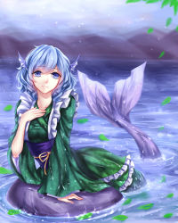 Rule 34 | 1girl, absurdres, bad id, bad pixiv id, blue eyes, blue hair, day, fins, frilled kimono, frills, hair between eyes, hand on own chest, head fins, highres, japanese clothes, kimono, lake, light particles, light rays, looking at viewer, matching hair/eyes, mermaid, misty lake, monster girl, mountain, obi, partially submerged, petals, ribbon, ripples, rock, sash, sheya, short hair, silhouette, smile, solo, touhou, wakasagihime, water, wet