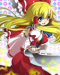 Rule 34 | 1girl, alternate hair color, aqua eyes, ass, banknote, blonde hair, bow, breasts, detached sleeves, dollar bill, dress, hair bow, hair tubes, hakurei reimu, large breasts, long hair, long sleeves, looking at viewer, looking back, money, open mouth, red dress, smile, solo, spell card, star (symbol), touhou, umigarasu (kitsune1963), very long hair, wide sleeves
