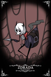 Rule 34 | 1girl, absurdres, artist name, black horns, character name, cigarette, commentary, hands up, helltaker, highres, holding, holding cigarette, holding knife, hollow knight, horns, arthropod girl, jewelry, knife, necklace, pale skin, parody, red shirt, shirt, smoke, solo, standing, standing on one leg, style parody, taphris, zdrada (helltaker)