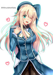 Rule 34 | 1girl, absurdres, ascot, atago (kancolle), beret, black gloves, blonde hair, blue hat, breasts, cowboy shot, gloves, green eyes, hat, highres, himura moritaka, kantai collection, large breasts, long hair, looking at viewer, military, military uniform, one-hour drawing challenge, pantyhose, simple background, skirt, solo, twitter username, uniform, white ascot, white background