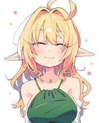 Rule 34 | 1girl, ahoge, armpit crease, bare shoulders, blonde hair, blush, closed eyes, closed mouth, cocktail dress, collarbone, detached sleeves, dot nose, dress, facing viewer, green dress, higashi (azm), highres, jewelry, long hair, original, pendant, pointy ears, raised eyebrows, sidelocks, simple background, smile, solo, star (symbol), upper body, wavy mouth, white background, white sleeves
