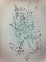 Rule 34 | 1girl, breasts, claws, feathers, harpy, kanemaki thomas, monochrome, monster girl, nipples, nude, original, short hair, smile, solo, tail, talons, traditional media, wings