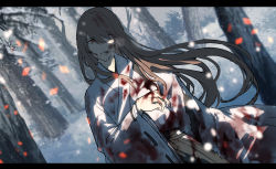 Rule 34 | black hakama, blood, blood on clothes, blood on hands, brown eyes, brown hair, commentary request, day, floating hair, forest, hair over one eye, hakama, hakama skirt, hand up, highres, japanese clothes, kimono, letterboxed, long hair, long sleeves, looking at viewer, nature, ori (momonimo), original, outdoors, ribbon-trimmed sleeves, ribbon trim, skirt, snow, snowing, very long hair, white kimono, wide sleeves