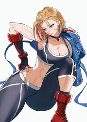 1girl abs ahoge antenna_hair blonde_hair blue_eyes breasts cammy_white crop_top gloves highres long_hair scar short_hair solo street_fighter street_fighter_6 sumustard