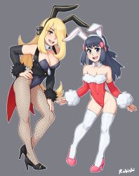 Rule 34 | 2girls, :d, absurdres, animal ears, artist name, bare shoulders, black footwear, black jacket, black sleeves, blonde hair, blush, breasts, cleavage, collarbone, covered navel, creatures (company), cynthia (pokemon), detached collar, detached sleeves, fake animal ears, fishnet legwear, fishnets, fur-trimmed leotard, fur trim, game freak, grey background, groin, hair ornament, hair over one eye, hand on own hip, height difference, high heels, highres, jacket, leaning forward, leotard, long hair, medium breasts, multiple girls, nintendo, open mouth, pantyhose, pink footwear, playboy bunny, pokemon, pokemon dppt, rabbit ears, red leotard, red sleeves, rob ishi, shoes, simple background, skindentation, smile, strapless, strapless leotard, teeth, thighhighs, upper teeth only, white legwear