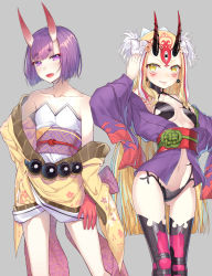 Rule 34 | 2girls, bad id, bad pixiv id, bare legs, bare shoulders, beads, black legwear, blonde hair, blunt bangs, blush, breasts, collarbone, cosplay, costume switch, dress, earrings, fang, fang out, fate/grand order, fate (series), grey background, hair ornament, hakuishi aoi, head tilt, horns, ibaraki douji (fate), ibaraki douji (fate) (cosplay), japanese clothes, jewelry, kimono, long hair, looking at viewer, multiple girls, neck, obi, off shoulder, open clothes, open kimono, open mouth, prayer beads, purple eyes, purple hair, sash, short dress, short hair, shuten douji (fate), shuten douji (fate) (cosplay), simple background, skin-covered horns, small breasts, smile, standing, straight hair, strapless, strapless dress, thick eyebrows, thighhighs, very long hair, white dress, yellow eyes, yellow kimono