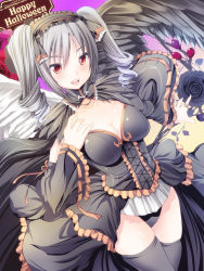 Rule 34 | 10s, 1girl, bandai namco, breasts, cleavage, drill hair, halloween, idolmaster, idolmaster cinderella girls, kanzaki ranko, large breasts, long hair, maki (seventh heaven maxion), open mouth, panties, red eyes, silver hair, smile, solo, thighhighs, twin drills, twintails, underwear, wings