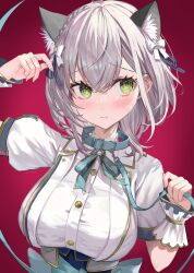 Rule 34 | 1girl, animal ears, blush, bow, braid, breasts, buttons, cat ears, closed mouth, collar, fingernails, green eyes, grey hair, hair between eyes, hair bow, hair ornament, holding, holding leash, hololive, large breasts, leash, paw pose, red background, rum raisin (chihiromakita19), shirogane noel, shirt, short hair, short sleeves, sidelocks, simple background, skirt, smile, solo, standing, virtual youtuber