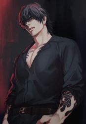 Rule 34 | 1boy, arm tattoo, belt, belt buckle, black hair, black shirt, boooshow, buckle, chest tattoo, collared shirt, cowboy shot, hair between eyes, highres, looking at viewer, madarame kei, male focus, open collar, parted lips, pectorals, shirt, short hair, slow damage, smile, solo, tattoo, yellow eyes