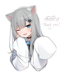Rule 34 | 1girl, ;d, amashiro natsuki, animal ear fluff, animal ears, black choker, blue eyes, blush, cat ears, choker, collared shirt, commentary request, cropped torso, eyebrows hidden by hair, fang, grey hair, hair ornament, hairclip, heart, highres, indie virtual youtuber, long hair, long sleeves, looking at viewer, nachoneko, one eye closed, open mouth, shirt, simple background, sleeves past fingers, sleeves past wrists, smile, solo, thank you, upper body, virtual youtuber, white background, white shirt