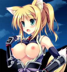 Rule 34 | 10s, 1girl, animal ears, aqua eyes, armor, bare shoulders, blonde hair, blush, breasts, clothes lift, dog days, fang, fingerless gloves, fox ears, fox tail, framed breasts, gauntlets, gloves, green eyes, hot, large breasts, nipples, open clothes, ponytail, puffy nipples, shirt lift, solo, tail, tateha (marvelous grace), upper body, yukikaze panettone