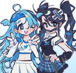 Rule 34 | 2girls, :p, ;d, absurdres, ahoge, barbell piercing, belt, black hair, blue eyes, blue hair, blue hairband, blue nails, blue necktie, blue skirt, blue trim, blush, bright pupils, cowboy shot, crop top, detached sleeves, detached wings, dot nose, double v, ear chain, ear piercing, facing viewer, hair between eyes, hair ornament, hair wings, hairband, hand on own hip, hands up, happy, high ponytail, highres, industrial piercing, kerberos (kerbe ), long eyelashes, long hair, long sleeves, looking at viewer, mini wings, multicolored hair, multiple girls, nail polish, navel, necktie, one eye closed, open mouth, piercing, plaid, plaid skirt, pleated skirt, print shirt, shirt, short sleeves, side-by-side, simple background, sketch, skirt, sleeve cuffs, smile, sparkle, streaked hair, sweater vest, teeth, three quarter view, tongue, tongue out, twintails, twitter, twitter-san, twitter bird, twitter logo, two-tone hair, upper teeth only, v, v-shaped eyebrows, very long hair, white background, white shirt, white skirt, wing collar, wings, x hair ornament