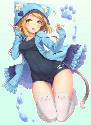 Rule 34 | 1girl, :d, animal ear fluff, animal ear legwear, animal ears, animal hood, black one-piece swimsuit, blonde hair, blue background, blue jacket, blush, breasts, cat ear legwear, cat hood, chestnut mouth, collarbone, covered navel, diamond (shape), drawstring, eyebrows, eyelashes, fake animal ears, fingerless gloves, frills, full body, fur, gloves, green eyes, hair ornament, hairclip, heart, heart print, highres, hood, hooded jacket, index finger raised, jacket, jumping, liquid, looking at viewer, medium breasts, no shoes, old school swimsuit, one-piece swimsuit, open clothes, open jacket, open mouth, original, outline, paw print, polka dot, sasaame, school swimsuit, smile, solo, swept bangs, swimsuit, swimsuit under clothes, thigh gap, thighhighs, white thighhighs