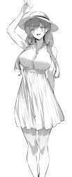 Rule 34 | 1girl, armpits, bare shoulders, breasts, collarbone, dress, greyscale, hand up, hat, highres, hiiragi yuuichi, large breasts, long hair, monochrome, open mouth, original, partially unbuttoned, sleeveless, sleeveless dress, solo, sun hat, sundress
