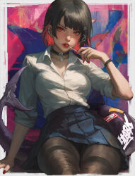 1girl arm_support black_choker black_hair black_pantyhose blue_skirt blush border breasts candy choker cleavage collared_shirt colored_inner_hair dress_shirt earclip ellen_joe fingernails fins fish_tail food food_in_mouth hair_ornament hairclip hand_up highres holding holding_candy holding_food holding_lollipop lollipop long_fingernails looking_at_viewer medium_breasts multicolored_hair nail_polish outside_border pantyhose pendant_choker pleated_skirt red_eyes red_hair red_nails ruan_zoe school_uniform shark_girl shark_tail shirt shirt_tucked_in short_hair sitting skirt sleeves_past_elbows solo tail thighband_pantyhose two-tone_hair white_border white_shirt x_hair_ornament zenless_zone_zero