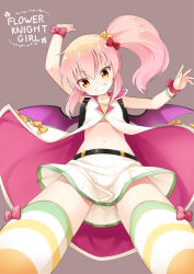 Rule 34 | 1girl, bat wings, bow, cape, flower knight girl, grin, lantana, lantana (flower knight girl), long hair, looking at viewer, midriff, navel, pink hair, sakumo (karatama), side ponytail, smile, solo, striped clothes, striped thighhighs, thighhighs, wings, yellow eyes