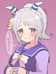 Rule 34 | 1girl, absurdres, alternate hairstyle, animal ears, blush, bow, bowtie, breasts, closed mouth, commentary request, ear covers, ears down, frown, grey hair, highres, hishi miracle (umamusume), horse ears, medium breasts, nenbutsu 0416, own hands together, pink background, ponytail, purple eyes, purple shirt, raised eyebrows, sailor collar, school uniform, shirt, short hair, simple background, solo, sweatdrop, thought bubble, tracen school uniform, translation request, umamusume, upper body