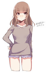 Rule 34 | 1girl, blush, breasts, brown eyes, brown hair, brown shirt, closed mouth, cowboy shot, cropped legs, dated, hand on own hip, long sleeves, looking at viewer, maze (gochama ze gohan), original, shirt, short shorts, shorts, signature, simple background, small breasts, solo, white background, white shorts