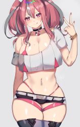 Rule 34 | 1girl, adapted costume, azur lane, bare shoulders, belt, bikini, bikini under clothes, black shorts, blush, bracelet, breasts, bremerton (azur lane), bremerton (scorching-hot training) (azur lane), choker, cleavage, closed mouth, collarbone, crop top, crop top overhang, curvy, highres, jewelry, large breasts, licking lips, long hair, looking at viewer, micro shorts, mole, mole on breast, mole under eye, navel, navel piercing, piercing, pink bikini, pink eyes, pink hair, shirasu uni, shorts, simple background, smile, solo, swimsuit, thighhighs, thighs, tongue, tongue out, twintails, w, wide hips
