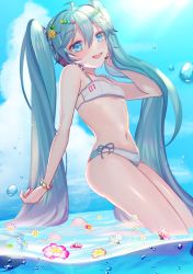 Rule 34 | 1girl, :d, absurdres, ahoge, aqua hair, artist name, artist request, bead bracelet, beads, bikini, bikini top only, blue eyes, blue sky, bracelet, breasts, flower, hair between eyes, hair ornament, hairclip, hatsune miku, headset, highres, jewelry, kneeling, long hair, long twintails, looking at viewer, navel, open mouth, partially submerged, side-tie bikini bottom, sky, small breasts, smile, solo, star (symbol), star hair ornament, swimsuit, very long hair, vocaloid