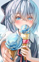 Rule 34 | 1girl, absurdres, blue dress, blue eyes, blue hair, blue nails, cirno, dress, food, giving, highres, holding, holding ice cream cone, ice cream, ice cream cone, looking at viewer, mahoro (minase mahoro), shirt, solo, touhou, triple scoop, white background, white shirt