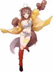 Rule 34 | 1girl, absurdres, adapted costume, ahoge, animal ears, animal hands, arm up, black footwear, blush, bone hair ornament, braid, breasts, brown eyes, brown gloves, brown hair, choker, cleavage, collar, commentary, crop top, cropped shirt, dog ears, dog girl, dog tail, eyelashes, full body, gloves, hair between eyes, hair ornament, highres, hololive, inugami korone, inugami korone (1st costume), jacket, looking at viewer, medium breasts, medium hair, midriff, navel, open clothes, open jacket, open mouth, paw gloves, red choker, red socks, ribbed legwear, shirt, short shorts, shorts, simple background, skindentation, sleeveless, sleeveless shirt, smile, socks, solo, standing, standing on one leg, tail, thigh strap, thighs, twin braids, vanvan 62, virtual youtuber, white background, white shirt, white shorts, yellow jacket