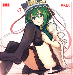 Rule 34 | !?, 1girl, ass, black thighhighs, blue eyes, blush, convenient censoring, frills, gradient background, green hair, hat, hat ribbon, legs, legs up, long sleeves, looking at viewer, nakaichi (ridil), no shoes, parted lips, puffy sleeves, recording, ribbon, shiki eiki, shirt, short hair, simple background, sitting, skirt, solo, sweatdrop, thighhighs, touhou, turtleneck, vest, wide sleeves