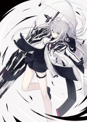 Rule 34 | 1girl, ahoge, black dress, black gloves, closed mouth, dress, expressionless, floating hair, gloves, grey eyes, grey hair, hand up, highres, holding, holding sword, holding weapon, jacket, long hair, looking at viewer, nagishiro mito, original, science fiction, short dress, solo, sword, thigh strap, weapon