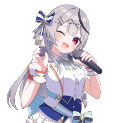 Rule 34 | 1girl, ahoge, black hair, blush, bow, bowtie, commentary, corset, fragir, grey hair, hair bow, hair ornament, hairclip, hands up, highres, holding, holding microphone, hololive, hololive idol uniform (bright), idol, idol clothes, jacket, long hair, looking at viewer, microphone, multicolored hair, nail polish, official alternate costume, official alternate hairstyle, one eye closed, open mouth, puffy short sleeves, puffy sleeves, red eyes, red nails, sakamata chloe, sash, shirt, short sleeves, sidelocks, simple background, skirt, smile, solo, streaked hair, transparent background, upper body, virtual youtuber, white jacket, white shirt, white skirt, x hair ornament