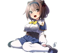 Rule 34 | 10s, 1girl, ayagi daifuku, blush, bow, breasts, brown eyes, brown hair, eyebrows, female focus, granblue fantasy, hair ornament, hairband, large breasts, looking at viewer, open mouth, oppai loli, short hair, simple background, sitting, smile, solo, wariza, white background, yaia (granblue fantasy)
