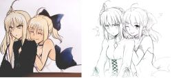 Rule 34 | 2girls, ;p, ahoge, artist progress, artoria pendragon (all), artoria pendragon (fate), before and after, black dress, blonde hair, blush, bow, breasts, capcom, choker, cleavage, closed eyes, commentary, comparison, corset, dress, dual persona, fate/stay night, fate/unlimited codes, fate (series), hair bow, heart, lineart, long hair, monochrome, multiple girls, one eye closed, partially colored, playing with another&#039;s hair, playing with hair, ponytail, redrawn, saber (fate), saber (pure night dress) (fate), saber alter, saber lily, tongue, tongue out, tusia, white dress, wink, yellow eyes