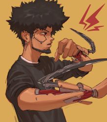 Rule 34 | 1boy, afro, arm blade, beard, black shirt, commentary, cyberpunk, cyberpunk (series), cyberpunk 2077, cyborg, edpan, english commentary, facial hair, from side, gacha, highres, lightning bolt symbol, looking ahead, male focus, mantis blades, parted lips, red eyes, science fiction, shirt, solo, subdermal port, t-shirt, weapon, yellow background