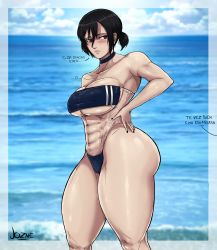 Rule 34 | 1girl, absurdres, alternate breast size, ass, beach, black hair, blush, breasts, english text, female focus, gris swimsuit, hand on own hip, highres, huge ass, jozne, large breasts, looking to the side, medium hair, meme attire, mikasa ackerman, muscular, muscular female, nail polish, one-piece swimsuit, outdoors, ponytail, shingeki no kyojin, shiny skin, smile, solo, spanish text, swimsuit, transparent, water