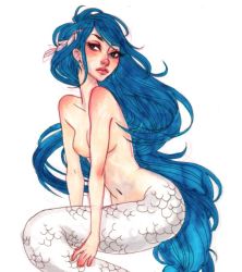 Rule 34 | 1girl, black hair, breasts, cleavage, closed mouth, commentary, completely nude, english commentary, jacquelin de leon, long hair, looking at another, medium breasts, mermaid, monster girl, navel, nude, original, simple background, solo, very long hair, white background