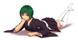 Rule 34 | 1girl, black kimono, bleach, closed mouth, commentary request, crossed ankles, elbow rest, fainaru42, feet up, green hair, hair between eyes, head rest, japanese clothes, kimono, kujou nozomi, lying, obi, on stomach, sash, short hair, solo, thighhighs, white sash, white thighhighs