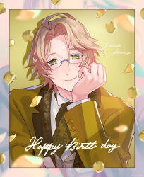 Rule 34 | 1boy, blonde hair, brown vest, character name, collared shirt, confetti, falling petals, glasses, green eyes, hand up, happy birthday, head rest, highres, jacket, lapels, looking at viewer, male focus, necktie, notched lapels, official alternate costume, open clothes, open jacket, outside border, parted bangs, patterned clothing, petals, rintarou (tone rnrn), shadow, shinomiya natsuki (uta no prince-sama), shirt, short hair, smile, solo, suit jacket, uta no prince-sama, vest, yellow jacket, yellow necktie, zoom layer