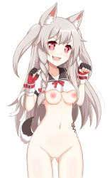 Rule 34 | animal ears, azur lane, bottomless, clothes lift, fingerless gloves, gloves, highres, no panties, ohno, shirt lift, solo, tail, wolf ears, wolf girl, wolf tail, yuudachi (azur lane)