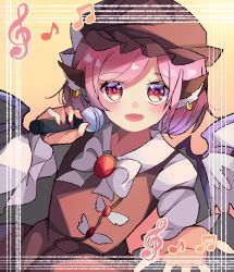 Rule 34 | 1girl, animal ears, bird ears, bird wings, bow, bowtie, brown dress, brown hat, commentary request, dress, feathered wings, fingernails, hat, highres, juliet sleeves, long fingernails, long sleeves, meimei (meimei89008309), microphone, mob cap, music, mystia lorelei, open mouth, pink eyes, pink hair, puffy sleeves, sharp fingernails, shirt, short hair, singing, touhou, upper body, white bow, white bowtie, white shirt, white wings, winged hat, wings