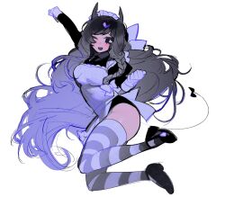 Rule 34 | 1girl, apron, arm up, black eyes, black footwear, collared shirt, demon girl, demon horns, demon tail, frilled apron, frills, full body, gloves, gradient hair, grey hair, grey horns, hand up, highres, horns, juliet sleeves, korean commentary, long hair, long sleeves, looking at viewer, maid, maid headdress, multicolored hair, one eye closed, open mouth, original, pelvic curtain, puffy sleeves, purple apron, purple gloves, purple hair, purple thighhighs, sasi mozzi1, shirt, simple background, solo, striped clothes, striped thighhighs, tail, thighhighs, very long hair, white background