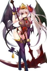 Rule 34 | alternate costume, blush, boots, bow, bowtie, breasts, cow demon queen, crossed legs, demon girl, demon horns, demon tail, demon wings, eyepatch, full body, garter belt, garter straps, highres, hip focus, holding, holding scythe, horns, large breasts, leotard, long hair, red eyes, ribbon, scythe, silver hair, snowball22, soccer spirits, solo, tail, thick thighs, thigh boots, thighhighs, thighs, transparent background, twintails, wide hips, wings