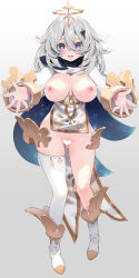 Rule 34 | 1girl, absurdres, aged up, alternate breast size, blonde hair, blue eyes, blush, breasts, censored, cleavage, dress, genshin impact, gluteal fold, hair between eyes, hair ornament, halo, heart, heart censor, highres, large breasts, long sleeves, looking at viewer, nipples, open mouth, paimon (genshin impact), pussy, pussy juice, scarf, short hair, single thighhigh, solo, thighhighs, waterring, white dress, white hair