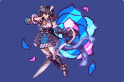 Rule 34 | 1girl, abysswolf, black hair, bloodstained: ritual of the night, blue background, blue eyes, boots, brown hair, crossed bangs, detached sleeves, dress, finger to cheek, flower (symbol), frilled dress, frills, full body, gauntlets, horns, knee boots, miriam (bloodstained), multicolored hair, pixel art, short hair, solo, sword, weapon