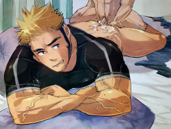 Rule 34 | 2boys, anal, bara, bed, blonde hair, bottomless, bouzu, cum, erection, lying, male focus, male penetrated, msucle, multiple boys, muscular, muscular male, original, penis, sex, yaoi