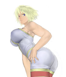 Rule 34 | 1girl, ass, bare shoulders, bent over, blonde hair, blue eyes, breasts, covered erect nipples, final fantasy, final fantasy tactics, frown, large breasts, leaning forward, looking back, monk (fft), muhamado, purple eyes, short hair, sideboob, solo, standing, unitard, white background