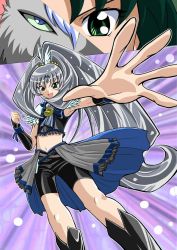 Rule 34 | 10s, 1boy, 1girl, alternate color, bike shorts, black footwear, black shorts, blue eyes, boots, clenched hand, cure march, discovery yuta, fusion, green eyes, green hair, grey hair, long hair, midorikawa nao, midriff, navel, outstretched hand, ponytail, precure, purple background, shorts, smile, smile precure!, tri tails, wolfrun